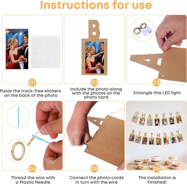 Detalle de Happy Birthday Deko Seutgjie Fotogirlande mit LED-Lichterkette und 15 Glitzerkarten für Fotos