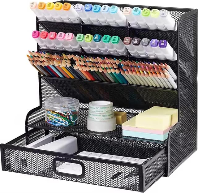 Detalle de Vikmyer Mesh Desk Organiser with Drawer – 9-compartment pen holder for home office, school and study
