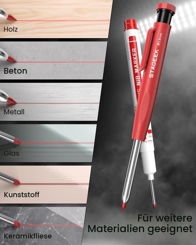 Detalle de STAGEEK Tischler-Bleistifte Set für Baustelle & Holzarbeiten inkl. Markierstift (13 Minen, 2B, 12 Stückminen)