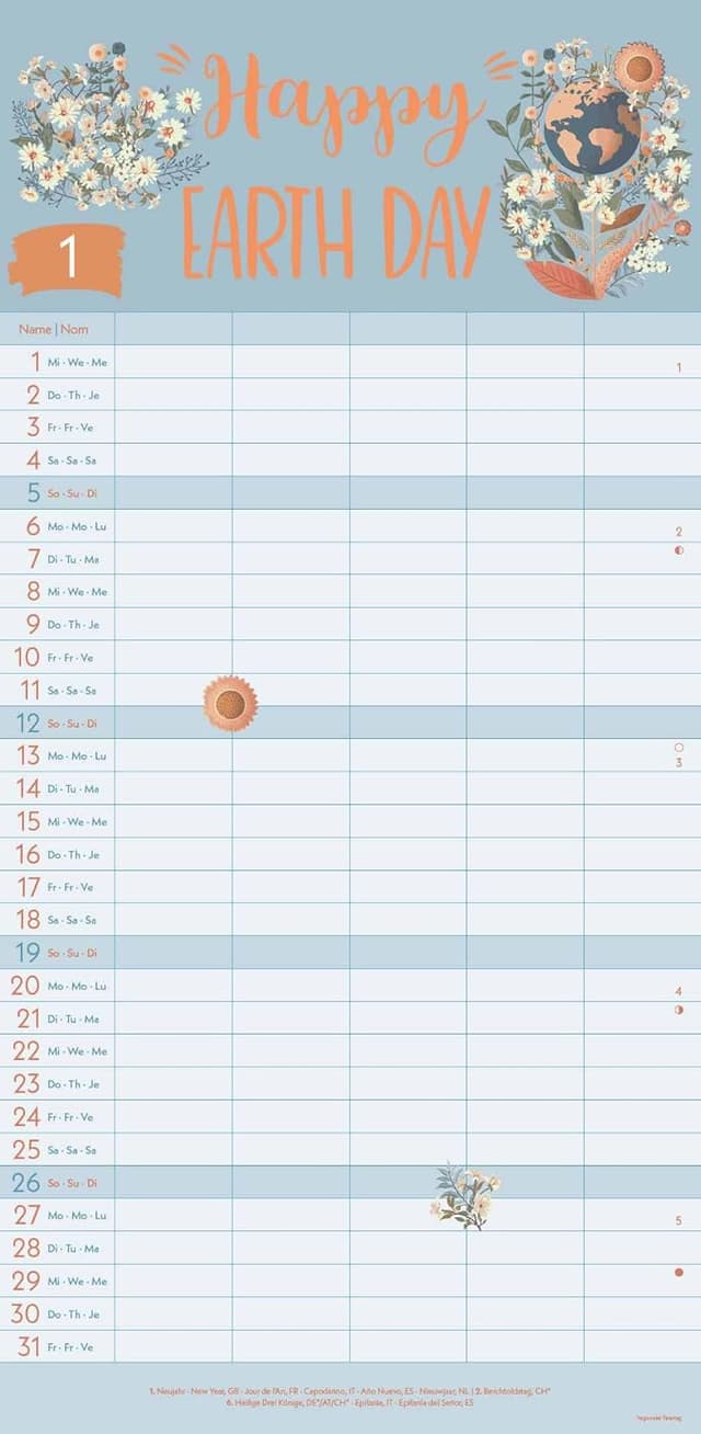 Detalle de GreenLine Green Vibes 2025 Familienplaner (22x45 cm) mit Spiralbindung – Familienkalender in 5 Spalten