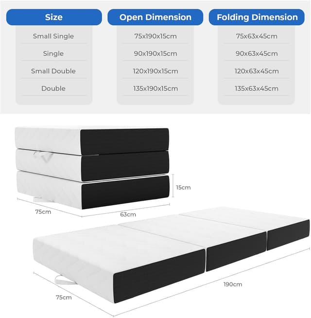 Detalle de Vesgantti Folding Mattress Small Double (15CM) – Gel Memory Foam Tri-Fold for Travel & Guest Beds