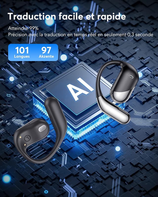 Detalle de Paekole Écouteurs de traduction vocale 3 en 1 Bluetooth 6.1 (198 langues) autonomie jusqu’à 80 h