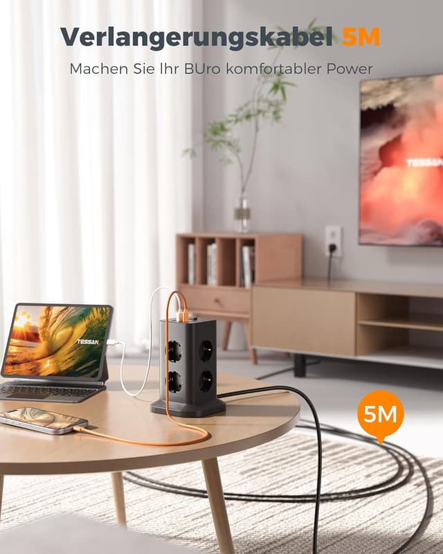 Detalle de TESSAN Mehrfachsteckdose mit Überspannungsschutz, 5 m Verlängerungskabel und 8 Fächern inkl. USB-C (5M)