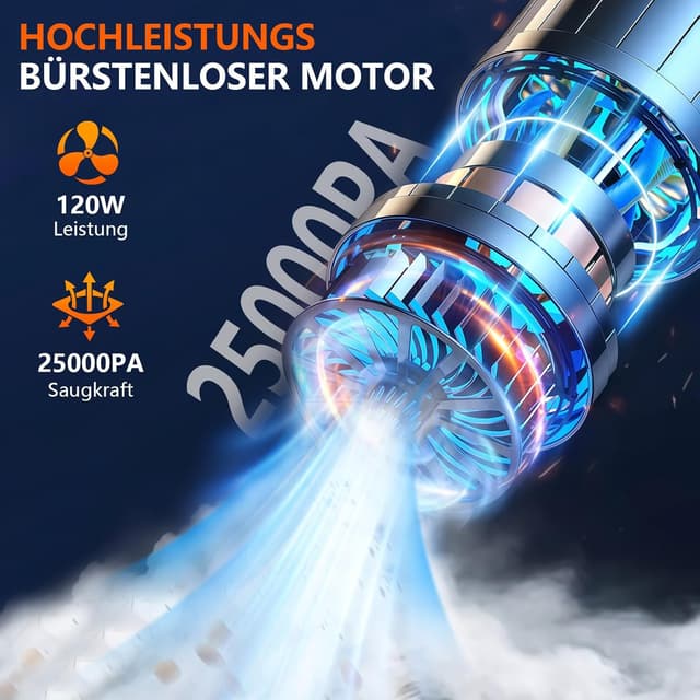 Detalle 2 de Akkus Handstaubsauger 25.000 Pa (4-in-1) – kabellos, 3-Gang, bürstenloser Motor für Auto, Küche & Tierhaare