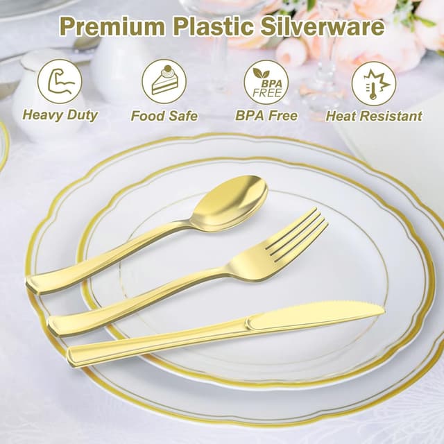 Thumbnail 2 de Dealusy 200 Count Gold Plastic Silverware Set