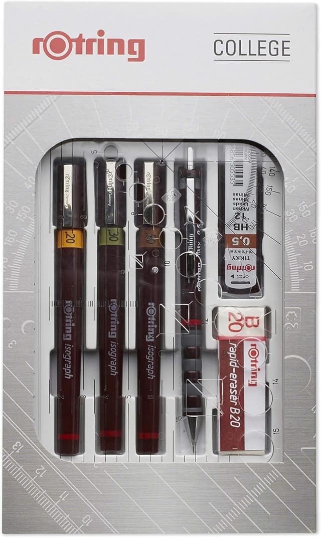 Detalle de rOtring Isograph Pen Set Technical Pen & Pencil College Set with 3 pens (0.20/0.30/0.50) and mechanical pencil (0.5 mm)