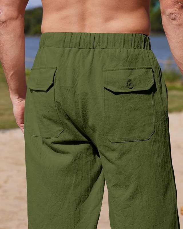 Detalle de YAOHUOLE men’s linen trousers with elasticated waist and drawstring
