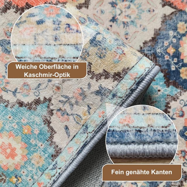 Detalle de WTHYGB Teppich Läufer für Flur & Küche (80x300 cm) – rutschfest, waschbar, Blumen/Boho