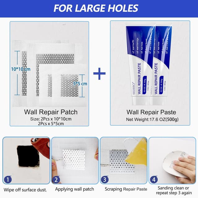 Detalle de SEISSO set stucco riparatore per muro: 2x 250g + 200g, nastro autoadesivo e toppe per riparazioni