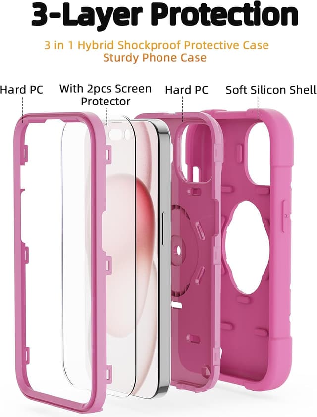 Detalle de KCJ iPhone 15 Case (6.1") in Pink with 2 Screen Protectors, Lens Protector, and Dual Ring Stand