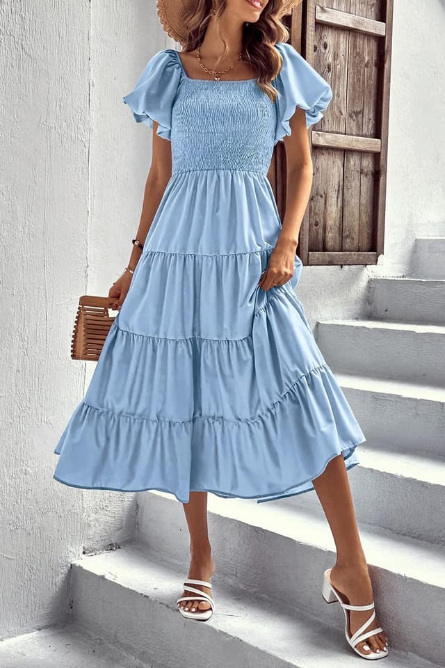 Detalle 2 de PRETTYGARDEN Women’s Casual Summer Midi Dress with Square Neck, Smocking, and Tiered Ruffles