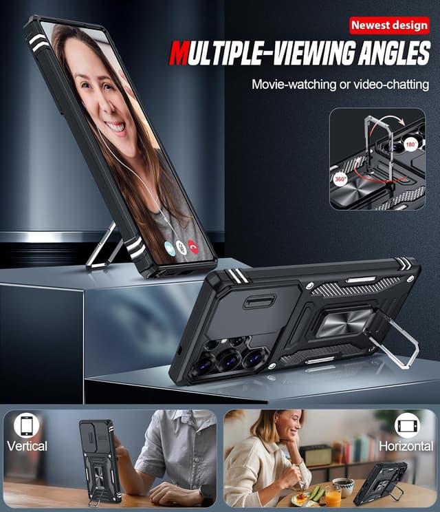 Detalle de LeYi for Samsung Galaxy S25 Ultra phone case with sliding camera lens cover and rotatable ring stand (Black)