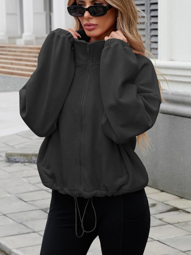 Detalle de Famulily women’s drawstring hem full-zip fleece cropped sweatshirt jacket with pockets (S–XL)