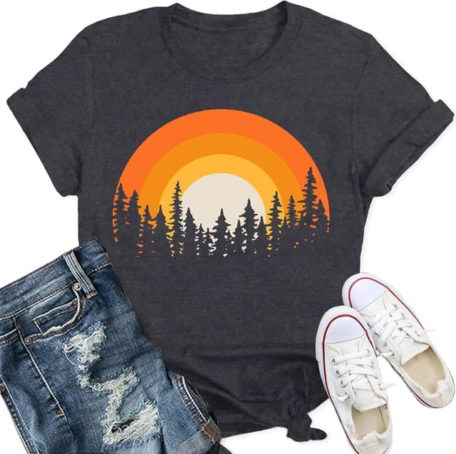 Detalle de Qskall Hiking T Shirts for Women – Forest & Sunset Adventure Tee (Outdoor Camping Top)
