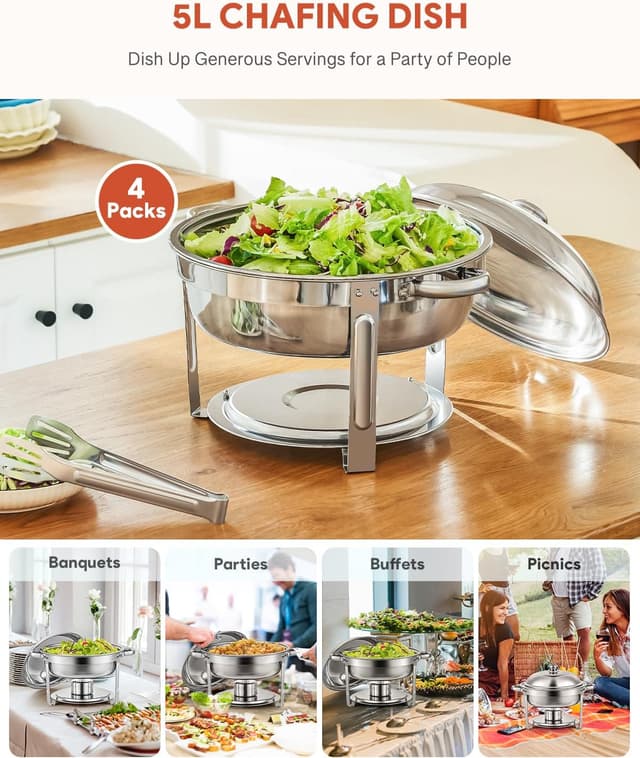 Detalle de Wilprep Chafing Dish Buffet Set of 4 (Round Stainless Steel) – 5L food warmer trays with lids