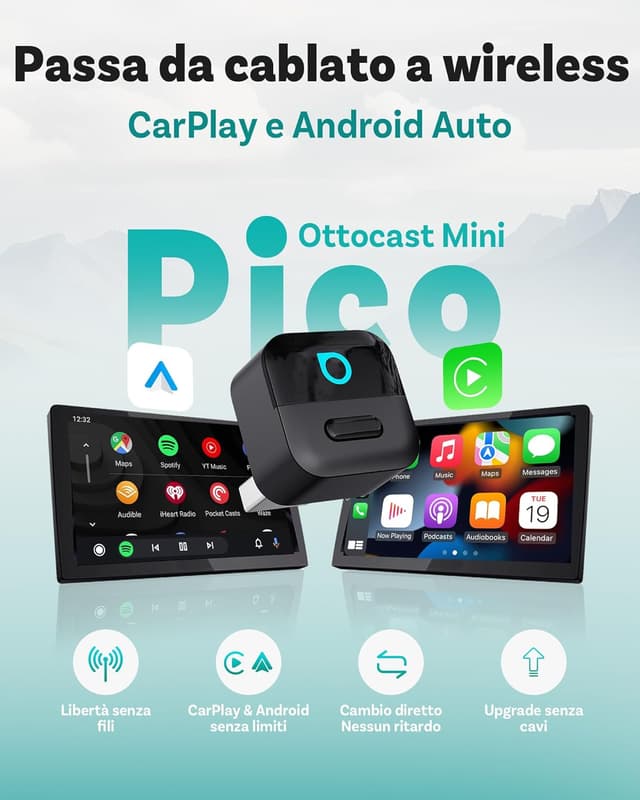 Detalle de Ottocast Mini Pico CarPlay/Android Auto wireless 2026: adattatore USB Plug & Play con dual-channel