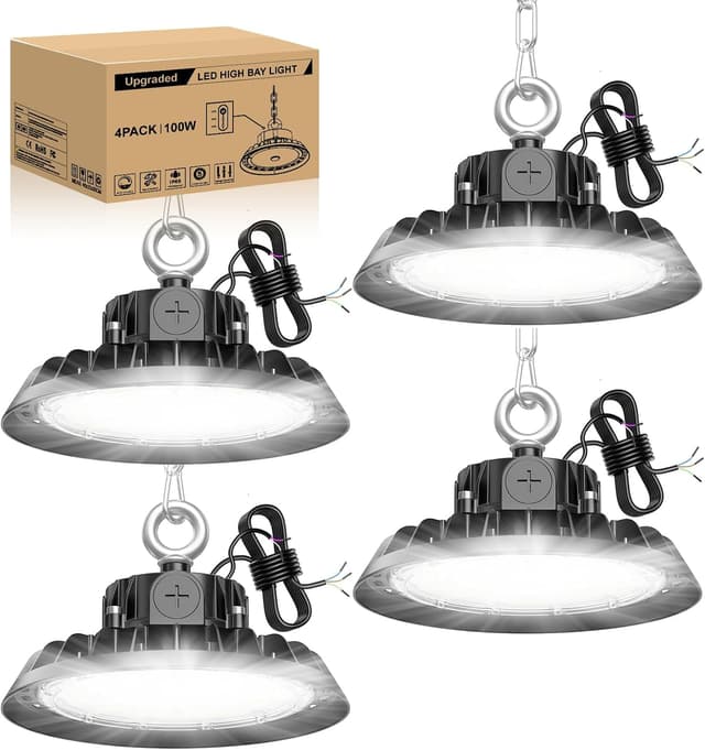 Detalle de RUISUN UFO Hallenstrahler-Set (4 Stück) 100 W, dimmbar, IP65 – 6000 K High-Bay für Werkstatt & Lager