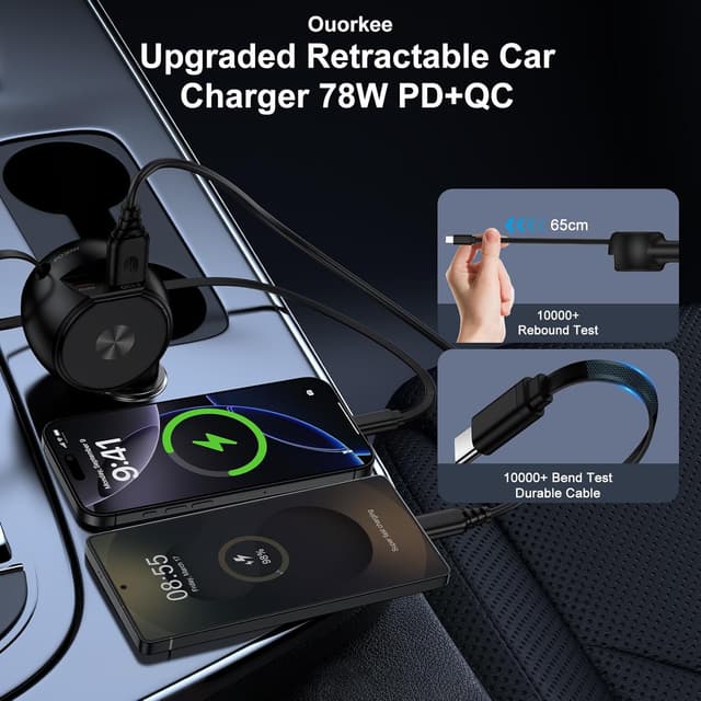 Detalle de Ouorkee 3-in-1 Zigarettenanzünder USB-C Auto-Ladegerät (30W+30W+18W) mit ausziehbarem Kabel