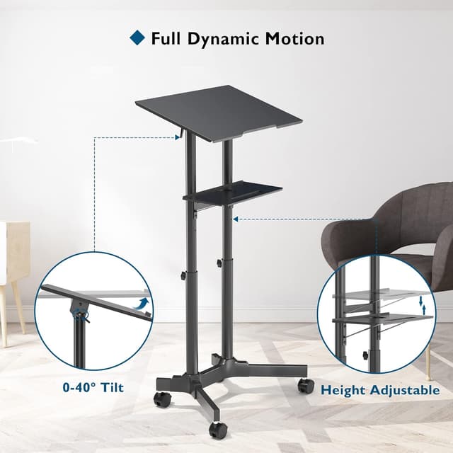 Detalle 2 de BONTEC Adjustable Mobile Laptop Desk with Wheels (60x40 cm) – Rolling Stand-Up Workstation