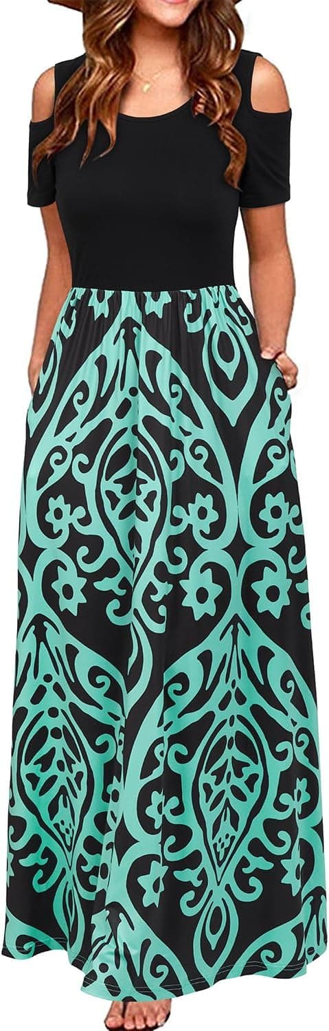 Detalle de STYLEWORD Robe longue d’été pour femme à manches courtes et motif floral, avec poches