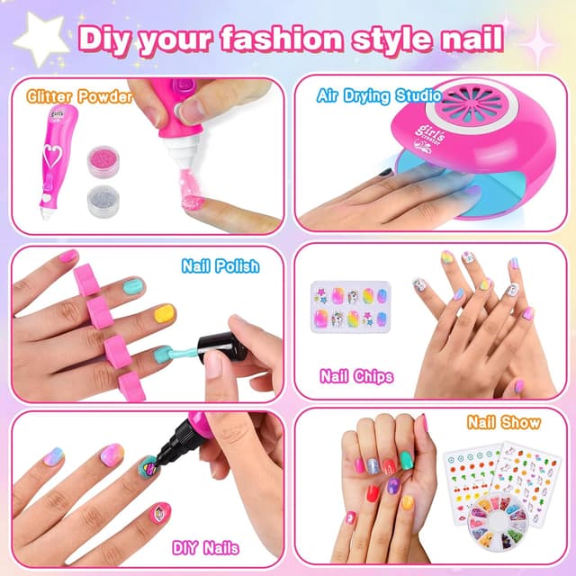 Detalle de Herenear Nagelstudio Kinder Mädchen: Nagellack-Set mit Nageltrockner, DIY Nailart & Peel-off-Designs