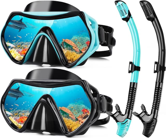 Detalle de Hydomi Erwachsenen-Schnorchelset mit Anti-Fog Taucherbrille (180° Panorama) und Dry-Top 3-Kanal System