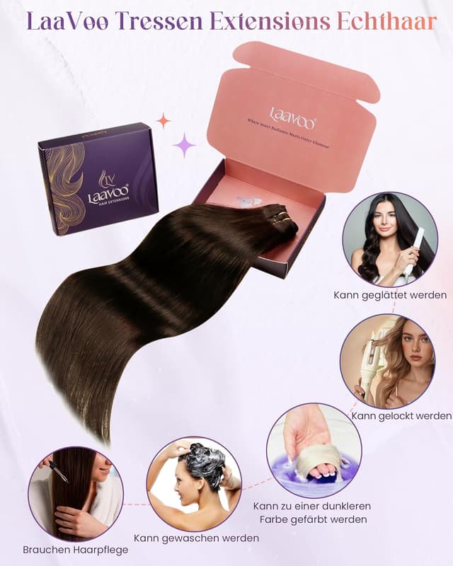 Detalle de LaaVoo Extensions Echthaar Tressen Dunkel Braun (Remy), 100 g, glatt, 40 cm – Echthaar-Extensions mit Mikroperlen-Befestigung