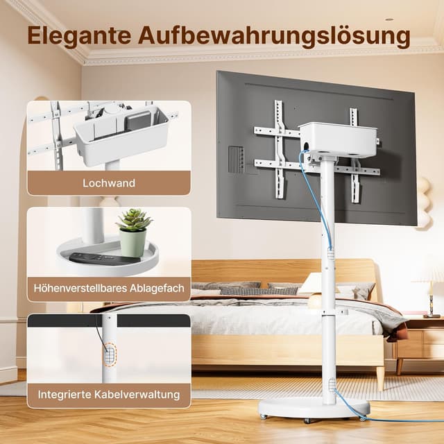 Detalle de ECOTINY höhenverstellbarer rollbarer TV-Ständer für 37–86 Zoll (max. VESA 600×400 mm) bis 50 kg, weiß
