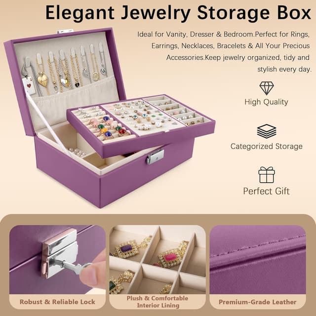 Detalle 2 de Homeanda Jewellery Box with Lock (Purple) – 2-layer leather organiser for necklaces, earrings, rings and bracelets