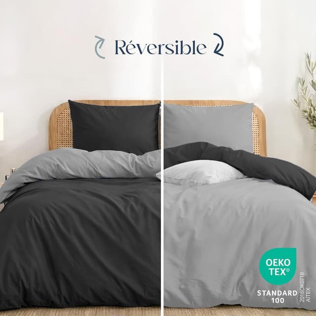 Detalle de Twinzen Housse de couette 200x200 réversible en microfibre grise, avec 2 taies 50x80