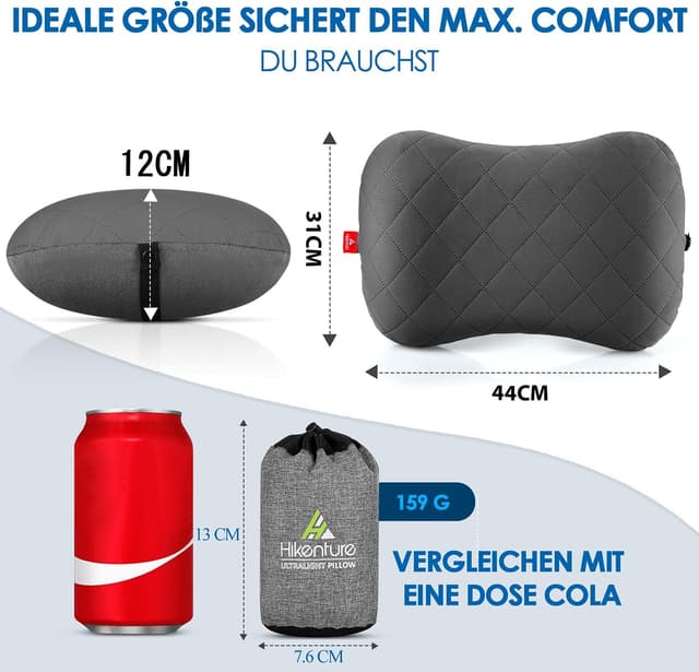 Detalle 2 de HIKENTURE aufblasbares Camping- & Reise-Kopfkissen mit abziehbarem Baumwollbezug (Grau)