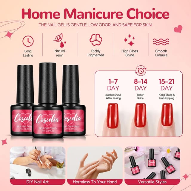 Detalle de COSCELIA Vernis Semi Permanent UV/LED – Lot de 20 vernis gel Rouge Rose Orange pailleté