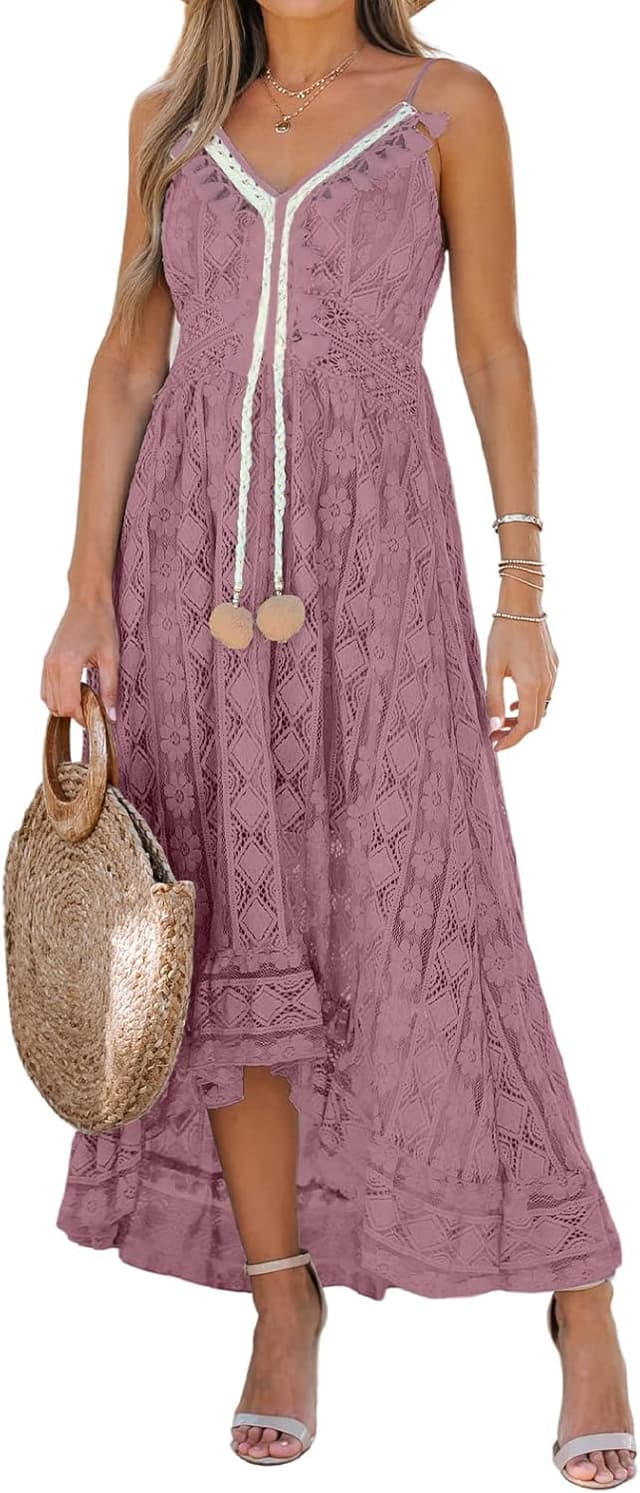 Thumbnail 6 de CUPSHE Damen Sommerkleid mit V-Ausschnitt, Spitze und Quasten – Boho/Beach Maxi mit Spaghettiträgern