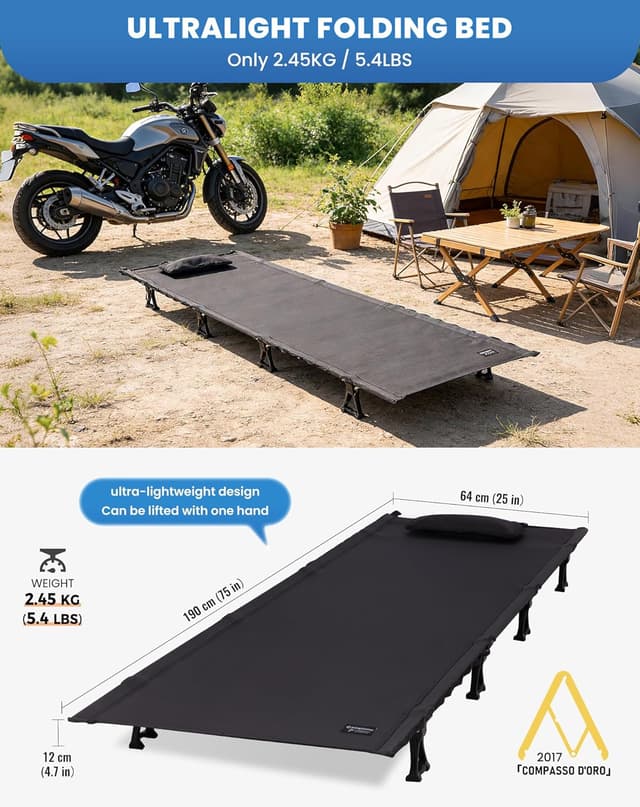 Detalle de KingCamp Ultralight Folding Camping Cot (5.4 lbs) – Portable compact camping bed for up to 300 lbs