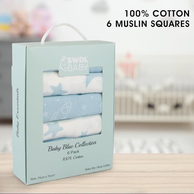 Detalle de Large Baby Muslin Cloths (Pack of 6) 100% Cotton Muslin Squares – Soft, Absorbent & Breathable | Baby Blue Collection