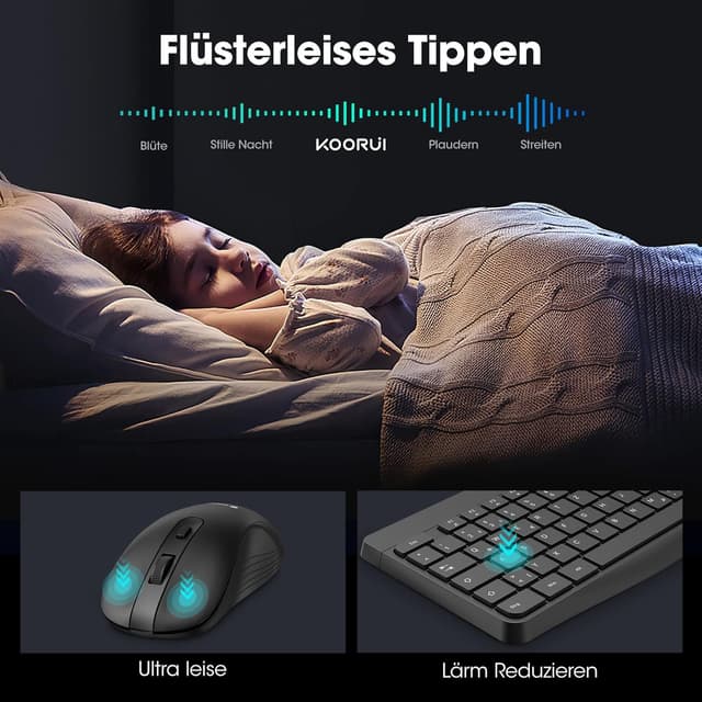 Detalle de KOORUI kabelloses Tastatur-und-Maus-Set (QWERTZ, deutsches Layout) mit leiser Maus, 2,4 GHz Funk – schwarz