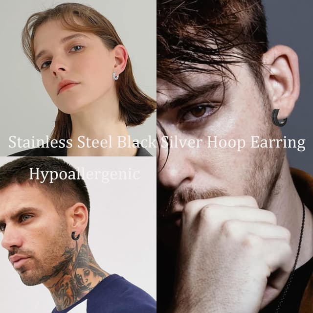 Detalle de VELESAY 9 Paar Herren Creolen aus Edelstahl (Schwarz/Silber) – Set für Ohrstecker, Knorpel & Helix