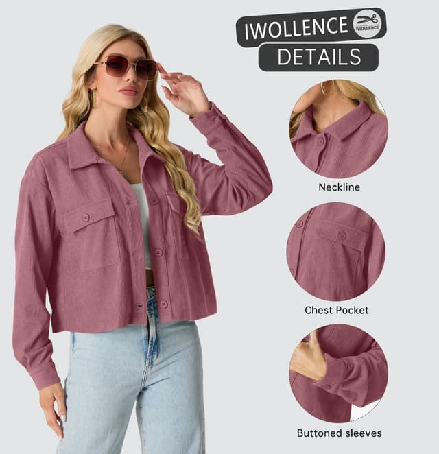 Detalle 2 de IWOLLENCE Cordjacke Damen Hemdjacke Cordhemd – kurze Shacket mit Revers und Knopfleiste