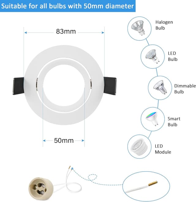 Detalle de GeyouLux 10er Einbaustrahler-Set mit GU10-Fassung, schwenkbar, Aluminium-Rahmen in Weiß (für Deckeneinbau)