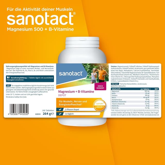 Detalle 2 de sanotact Magnesium 500 plus B Vitamine (180 Tabletten) – hochdosiertes Magnesium für Muskeln, Nerven & Energiestoffwechsel