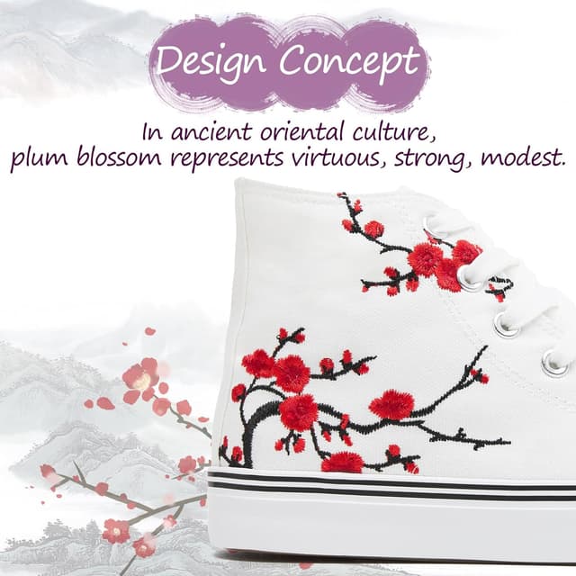 Detalle de kufeiti Women’s High Top Canvas Sneakers (Embroidered Plum Blossom) – Lace-Up Casual Walking Shoes