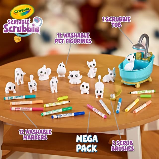 Detalle de Crayola Scribble Scrubbie Pets Mega Set (25+ pcs) — reusable pet care playset with washable markers and scrub tub