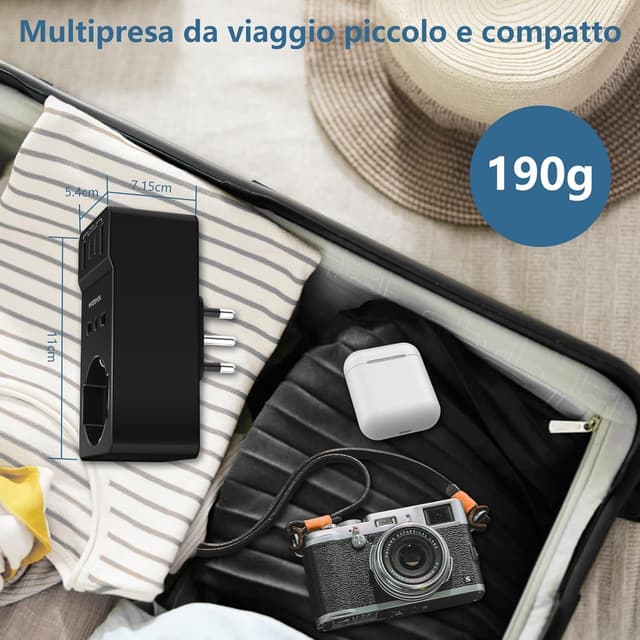 Detalle de NVEESHOX multipresa 6-in-1 da muro con 1 Schuko + 1 presa IT, USB-C PD 20W e protezione