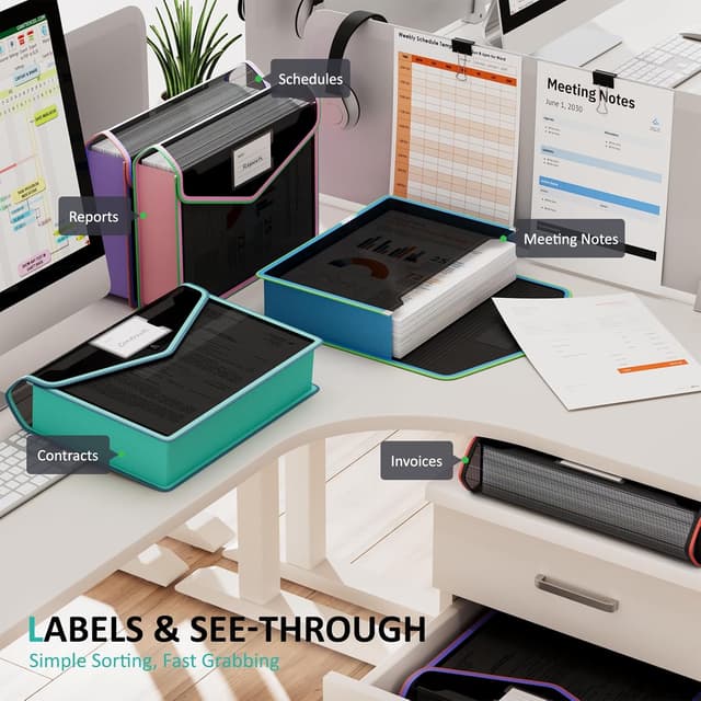 Detalle de ThinkTex A4 Plastic File Folder (5 Pack) – Transparent Snap Closure Document Envelopes, No Dividers, Assorted Colours