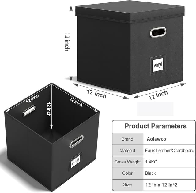 Thumbnail 6 de Aolawco 2-pack 12-inch leather vinyl record storage boxes (with lid & handles) – holds 100+ singles
