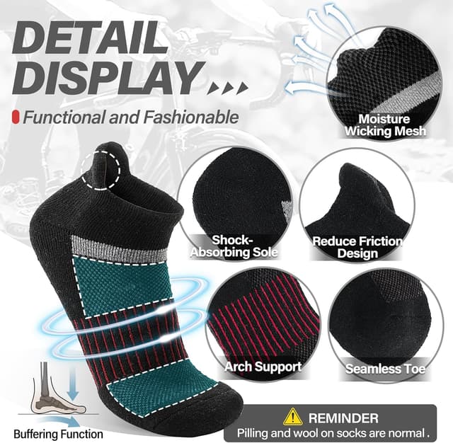 Detalle 2 de 6 Pairs Merino Wool Ankle Running & Hiking Socks with Compression Support (No-Show) for Women & Men