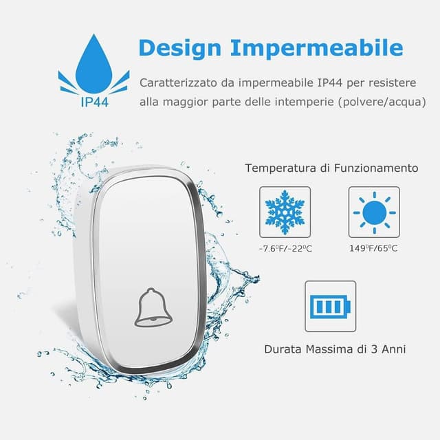 Detalle de YYQ Campanello senza fili da esterno impermeabile IP44 con 300 m di portata, 2 pulsanti e 1 ricevitore