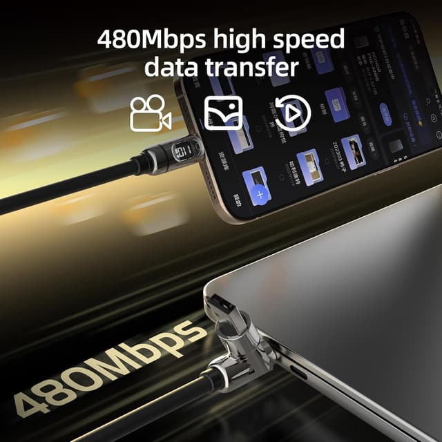 Detalle de MFish 140W Smart 2-in-1 USB-C Charging Cable with LED Power Display (PD 3.1, Split Charging)