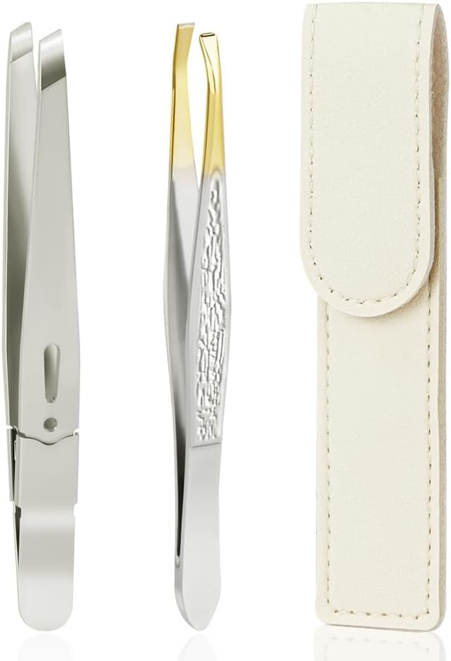 Detalle de AUYAO Pinzetta sopracciglia professionale 2 pezzi (punta piatta e inclinata) in acciaio inox con custodia in PU