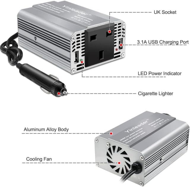 Detalle 2 de Yinleader 200W Car Power Inverter (DC 12V to 230V AC) with 1 UK Socket and 2 USB Ports
